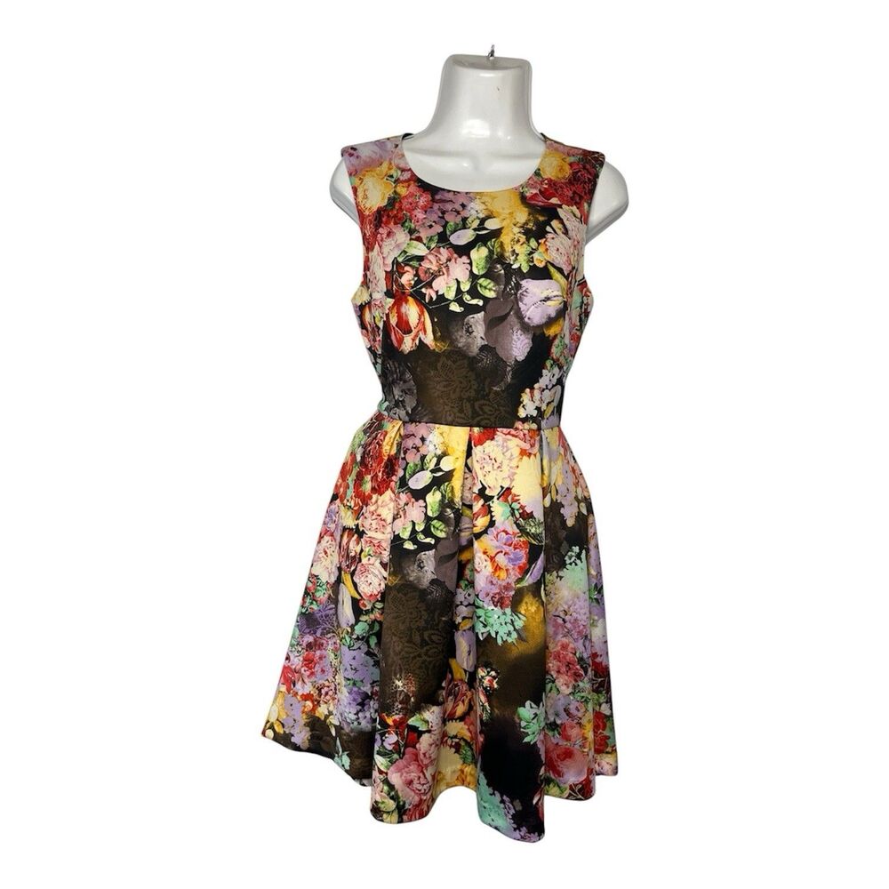 Betsey Johnson Mini Dress Size 4 Black Floral Fit Flare Sleeveless Party Retro - Picture 1 of 8